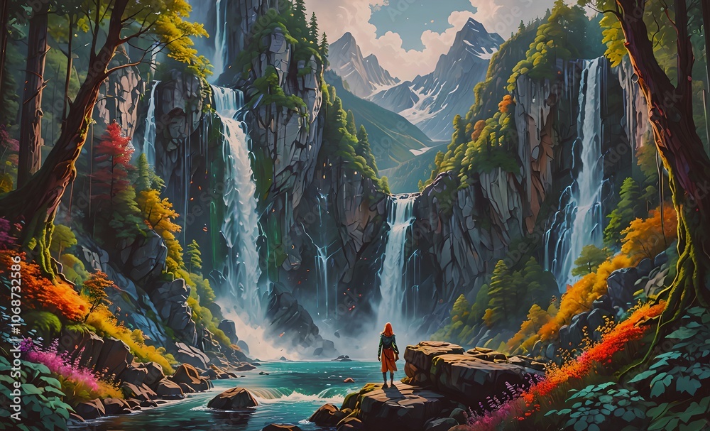 Aufkleber man is standing in front of a waterfall