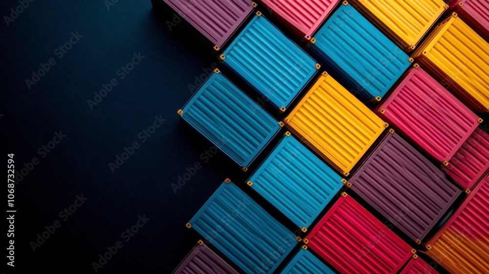 Poster Colorful stacked blocks create a dynamic geometric pattern against a dark background, showcasing vibrant hues of blue, yellow, and red.
