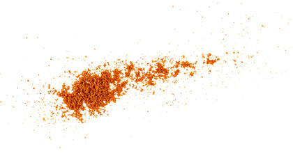 Textured grunge effect of powdered red chili pepper in a pile, scattered dry paprika particles,...