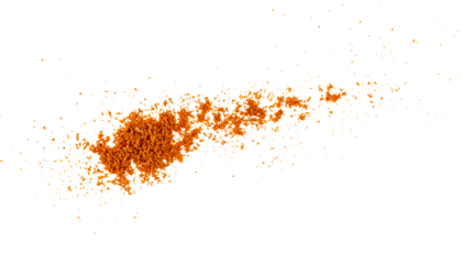 Textured grunge effect of powdered red chili pepper in a pile, scattered dry paprika particles, graphic splatter element on a transparent backdrop