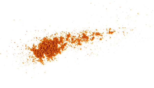 Textured grunge effect of powdered red chili pepper in a pile, scattered dry paprika particles, graphic splatter element on a transparent backdrop