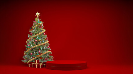 Christmas red podium background for product display with Christmas tree and gifts, 3d rendering illustration.
