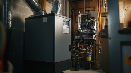 Fototapeta premium Industrial Boiler System in a Basement Setting