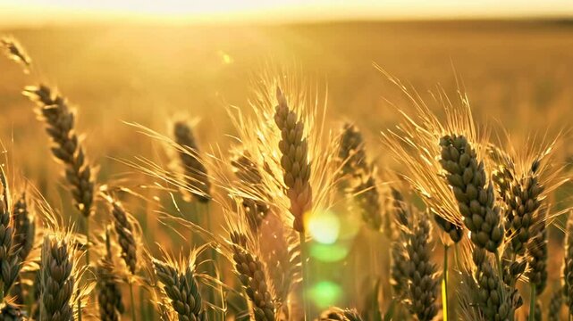 Fast pan, slow motion video of a wheat field with warm, golden light and a wave-like explosion of golden hues