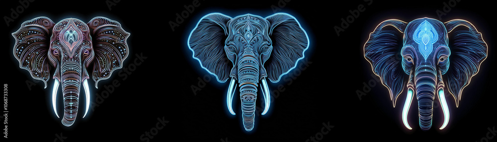 Aufkleber three neon-colored elephant heads with detailed patterns on a black background.