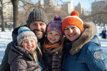 Fototapeta premium Smiling family bundled in winter coats and hats.