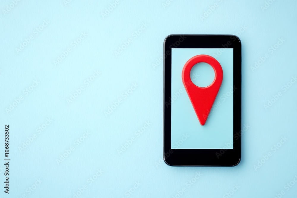 Poster A smartphone displays a red location pin against a soft blue background, symbolizing navigation and geolocation technology.