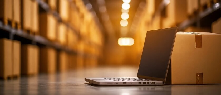 A laptop is placed beside a cardboard box in a warehouse, with shelves filled with boxes in the background, highlighting a workspace or delivery setting.