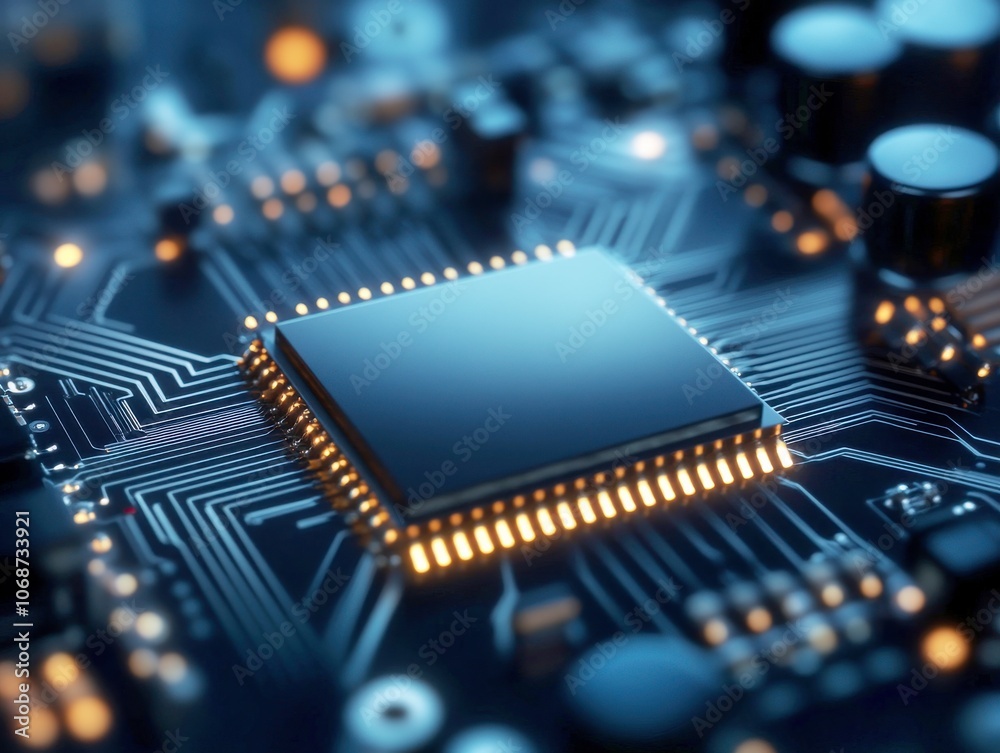 Poster a close-up view of a microchip on an electronic circuit board, showcasing complex circuitry and intr