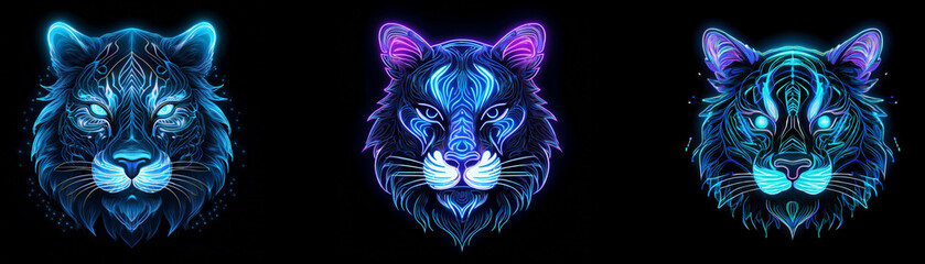 Naklejka premium Three glowing tiger heads with vibrant blue, purple, and teal hues against a black background.