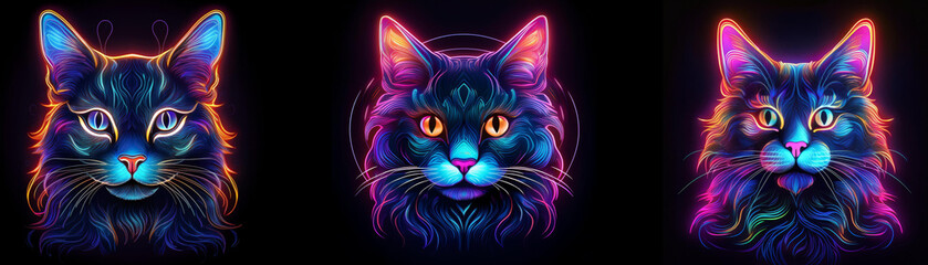 Three neon-glowing cat portraits with different color schemes.