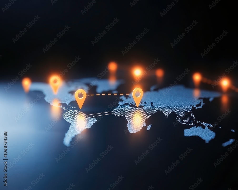 Poster A digital map illuminated with location markers, highlighting global connectivity and geographical data representation.