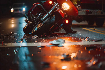 Crash on the road. Close up of a motorcycle accident on the road