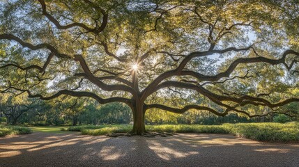 Naklejka premium Majestic Tree with Sunlight Through Leaves