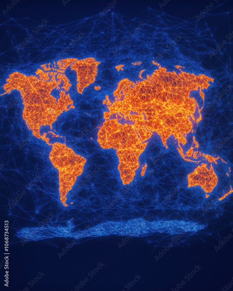 Poster A vibrant, networked world map illuminated in orange and blue, representing global connectivity and data flow.