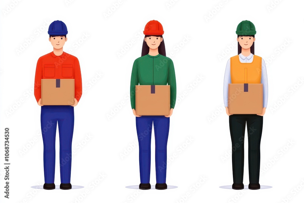 Aufkleber three diverse workers in safety helmets hold boxes, representing teamwork and various roles in const