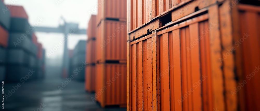 Poster a close-up view of stacked orange shipping containers in a foggy port environment, highlighting indu