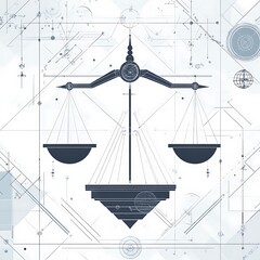 A black and white abstract digital illustration of a scale of justice.