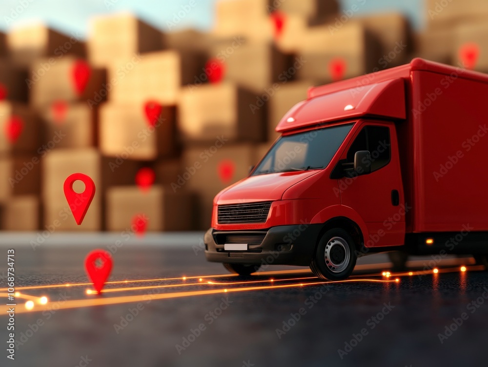 Poster A red delivery truck is positioned on a path marked by location pins, with a background of stacked brown shipping boxes, highlighting logistics and transportation.