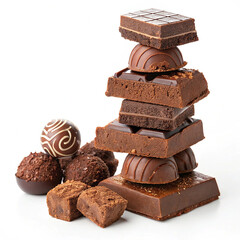 Pieces of dark chocolate bar isolated on white,Chocolate thins with white cream filling isolated on white