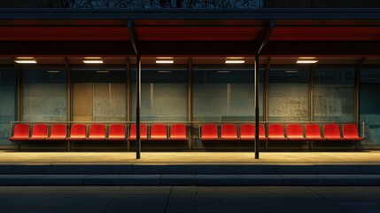 Modern Bus Stop with Red Seats at Dusk