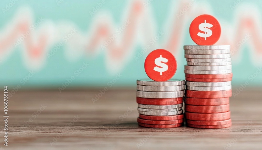 Poster wealth and investment concepts. stacks of coins topped with dollar signs, symbolizing wealth and fin