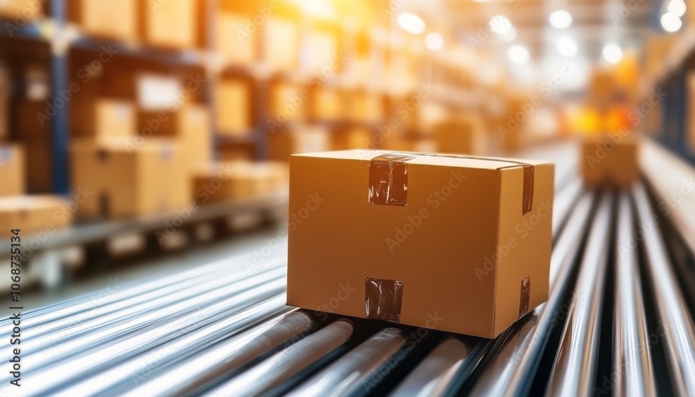 Poster Logistic and warehouse concepts. A close-up of a cardboard box on a conveyor belt in a warehouse, illuminated by soft light, highlighting logistics and shipping processes.