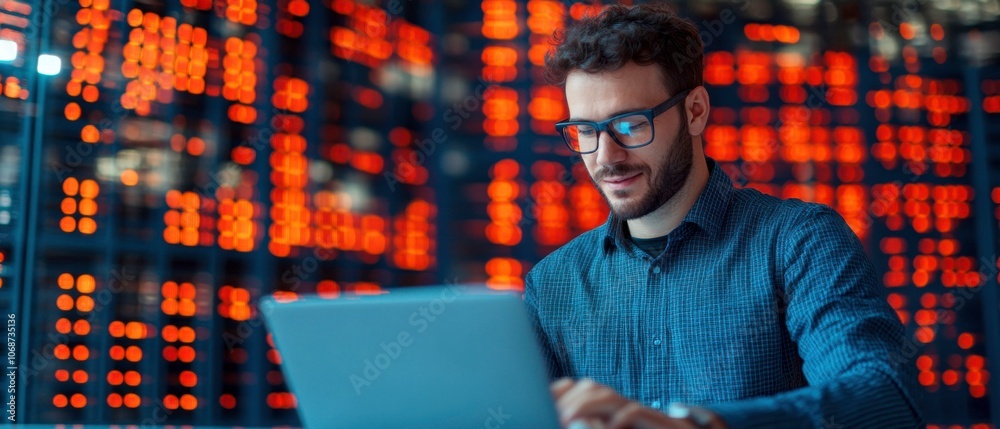 Leinwandbilder A focused man works intently on a laptop, surrounded by a backdrop of glowing data visualizations in vibrant colors.