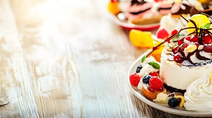 Obraz premium Delicious dessert with cherries, cream, and berries on a wooden table.