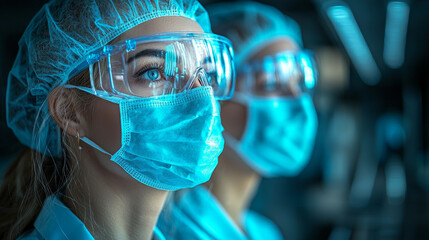 Medical professionals wearing protective gear in clinical setting, focused on their work. Their blue masks and goggles reflect commitment to safety and health
