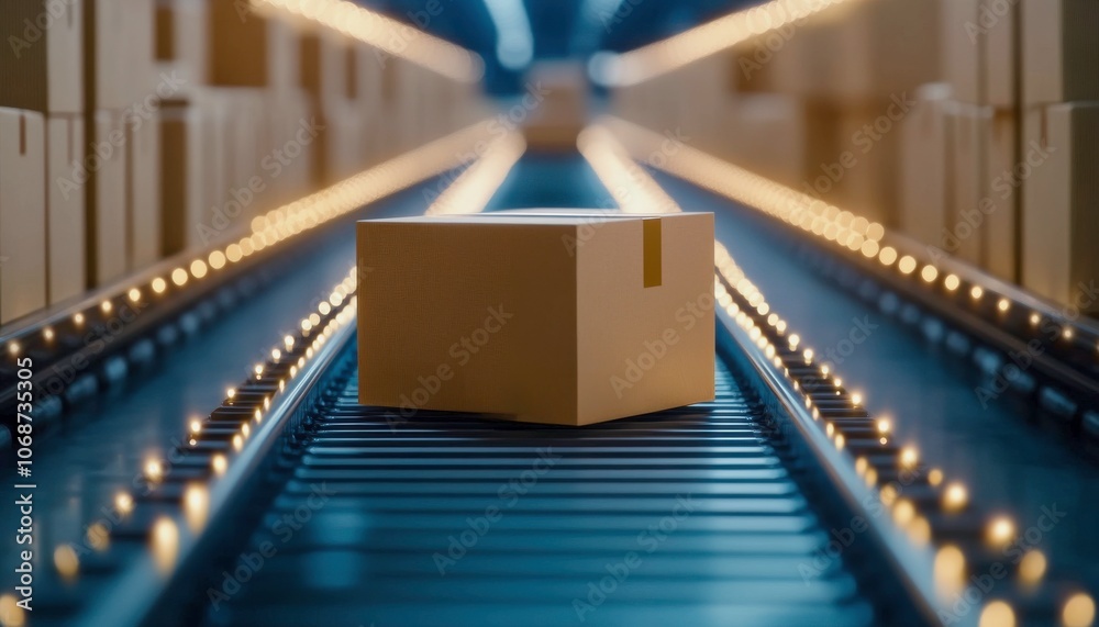 Poster logistic and warehouse concepts. a single brown package sits on a conveyor belt in a warehouse, surr