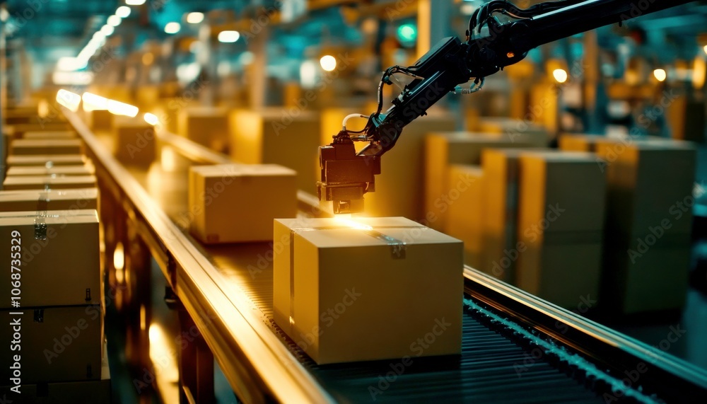 Leinwandbilder logistic and warehouse concepts. a robotic arm efficiently sorts and stacks packages on a conveyor b