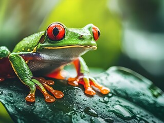 Fototapeta premium A Captivating Close Up of a Red Eyed Tree Frog on a Vibrant Green Leaf in the Dewy Rainforest