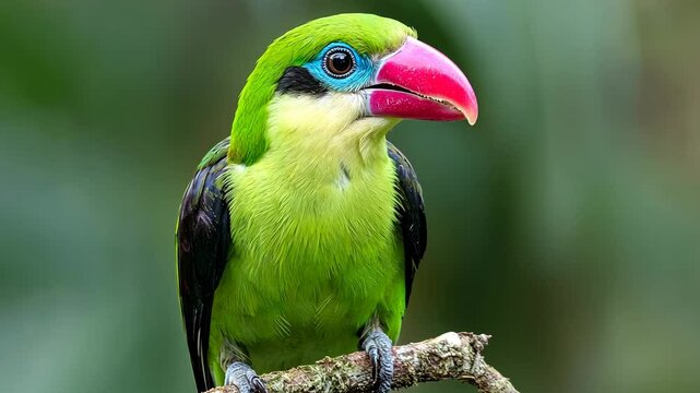 A green broadbill bird with a bright red beak perches on a branch in a lush forest