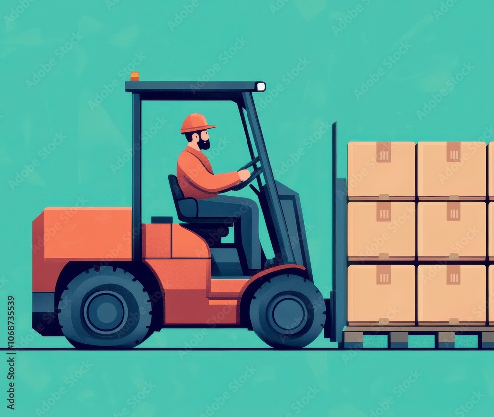 Poster Logistic and warehouse concepts. A worker operates a forklift to move boxes on a pallet against a teal background, showcasing industrial activity and warehouse logistics.