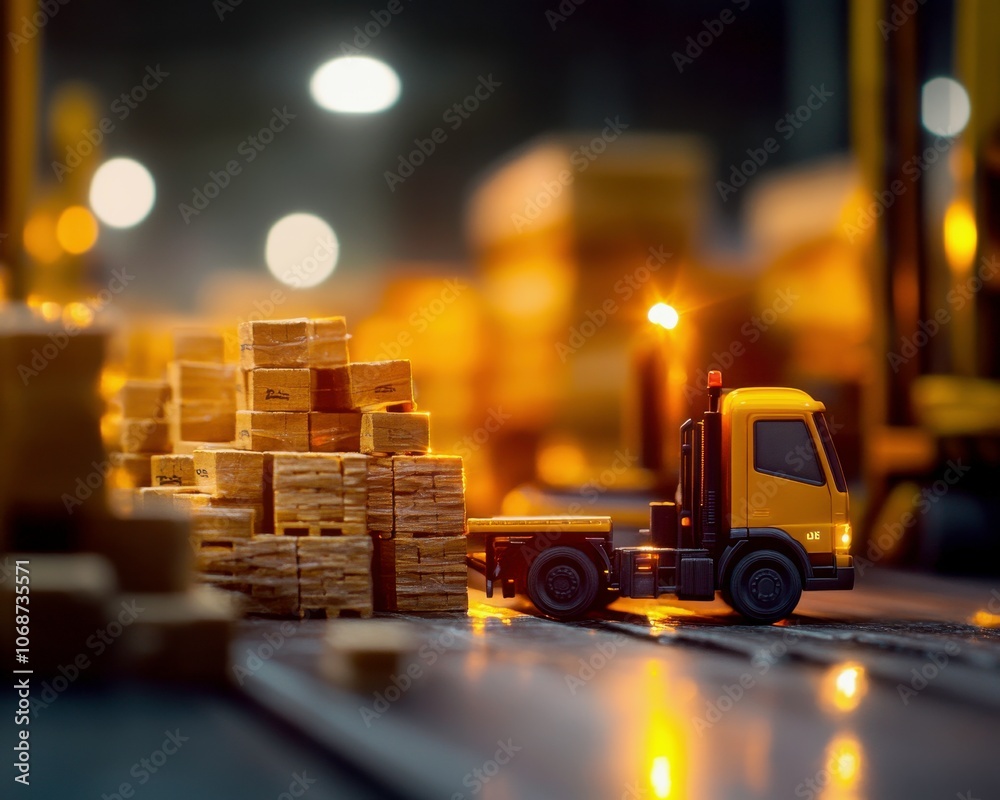 Aufkleber logistics and warehouse concepts. a miniature yellow truck is positioned beside stacks of wooden cra