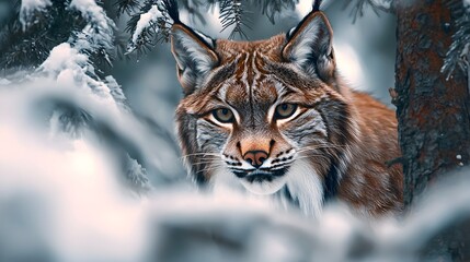 Obraz premium Close up Portrait of a Lynx Peering Through Snow Covered Trees Capturing the Stealth and Mystery of a Winter Predator