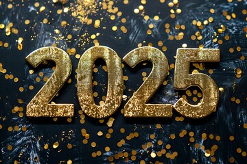 3D Render, Glittering and "2025" on a Black Background for New Year