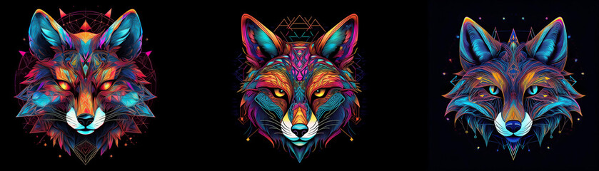 Obraz premium Three fox heads are digitally rendered with colorful geometric patterns in a dark background.