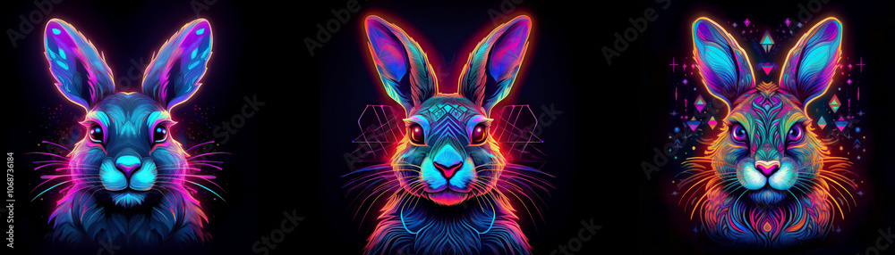 Poster three neon rabbits with different glowing colors on a black background.