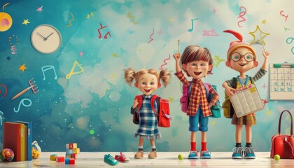 Cheerful Kids Collage: Vintage 3D Artwork of Smiling Students with School Schedule Background
