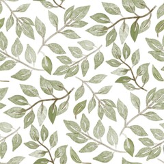 Green leaves, watercolour illustration, white background. Seamless floral pattern-482.