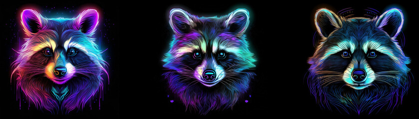 Three raccoons with vibrant neon colors are displayed against a black background.