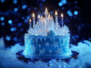 Magical Ice Castle Birthday Cake Glowing in Snowy Winter Night