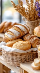A cozy display of artisanal bread loaves in a woven basket, surrounded by golden wheat stalks and a serene background.
