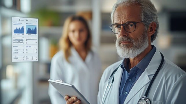 Experienced doctor reviewing health data on tablet, with female colleague in background. atmosphere conveys professionalism and focus in medical setting