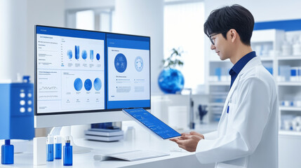 Healthcare provider using AI driven assessment tool in modern lab. professional analyzes data on large screen while holding tablet, showcasing advanced technology in healthcare