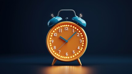 A vibrant orange clock with blue accents showcases a modern design, illuminated against a dark background, emphasizing its unique charm.