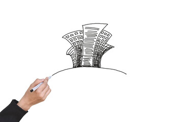 female hand drawing city on white background