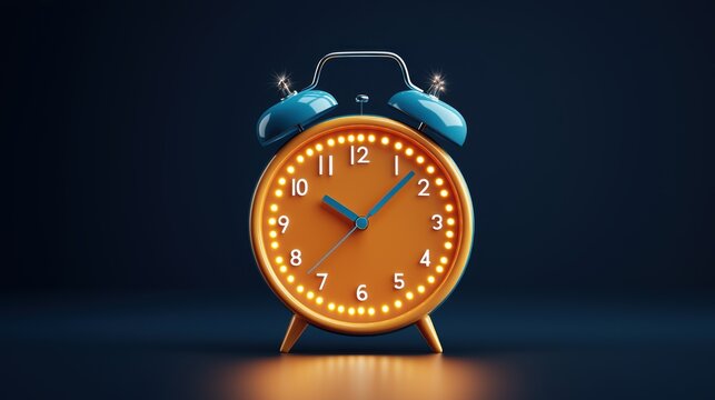 A vibrant orange clock with blue accents showcases a modern design, illuminated against a dark background, emphasizing its unique charm.